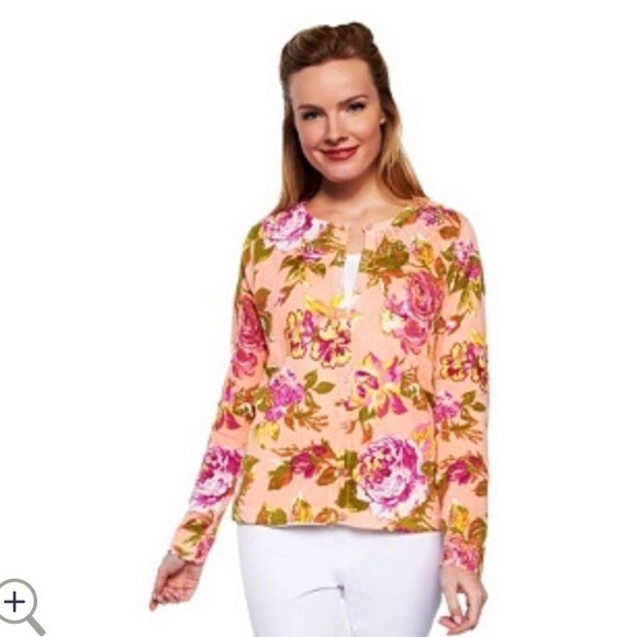 Isaac Mizrahi Crochet Neck Cottage Rose Cardigan - Picture 3 of 7